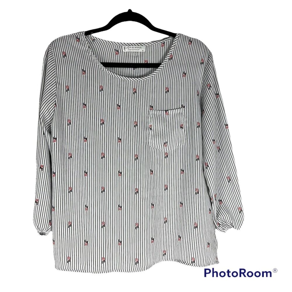 Jon & Anna Contemporary Size M Floral Striped Print Top Buttons Down Back